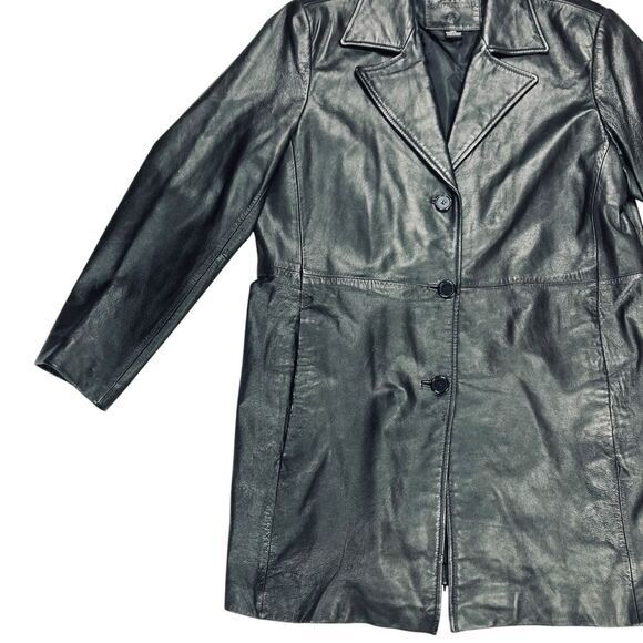 Kathy Ireland Genuine Leather Jacket Womens L Black Single Breasted Classic Coat - Picture 3 of 16